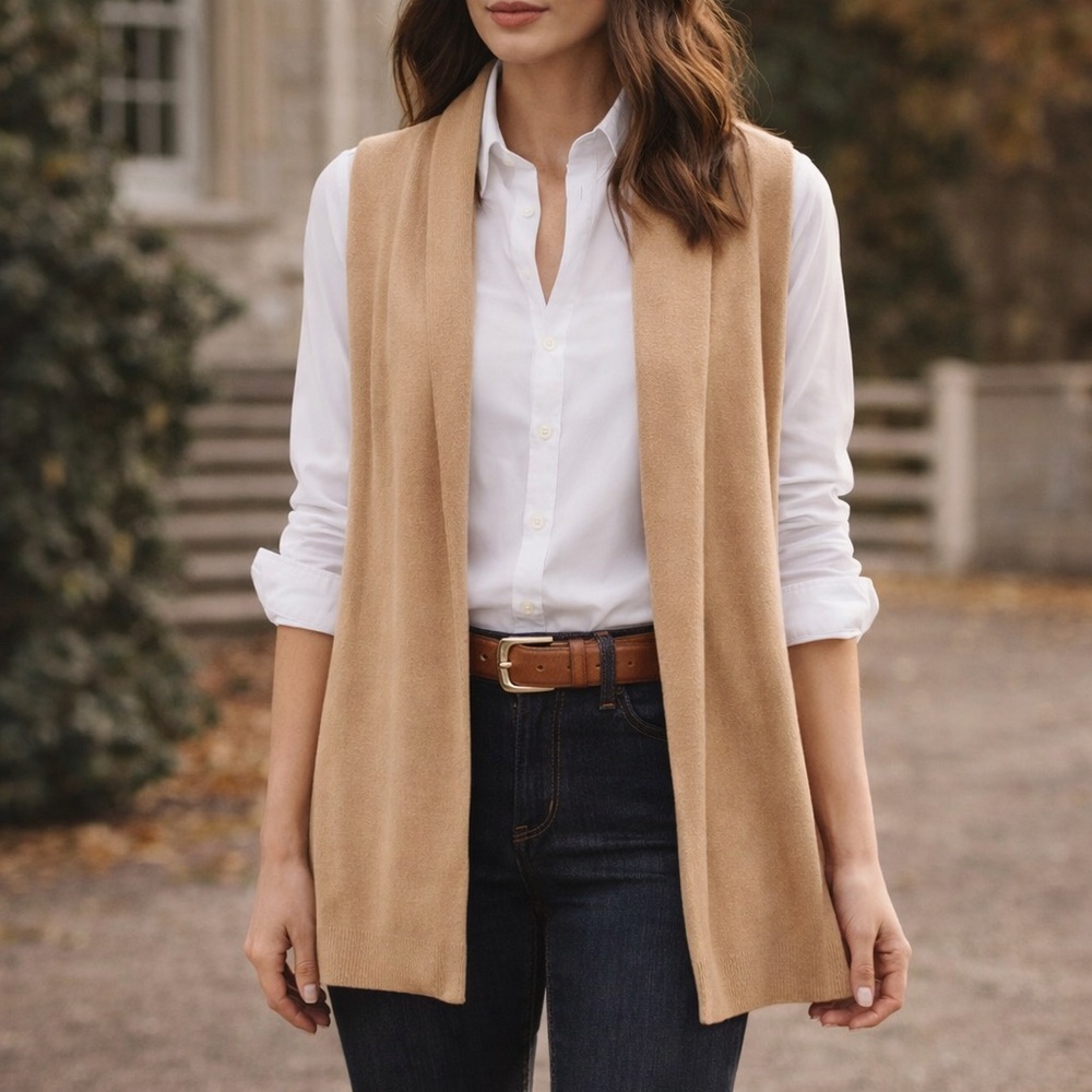 Alfani Petite S Camel Sweater Vest Cardigan Neutral Minimalist Layering